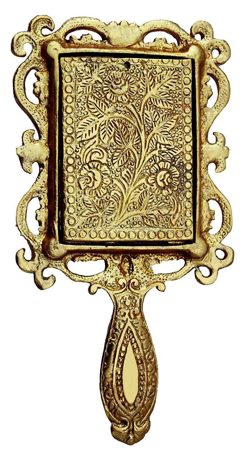KridayKraft Beautifully Carved Square Shape Gold Plating Metal Hand Mirror for Makeup, Travelling, Salon Mirror & Decorative Antique Item, Framed