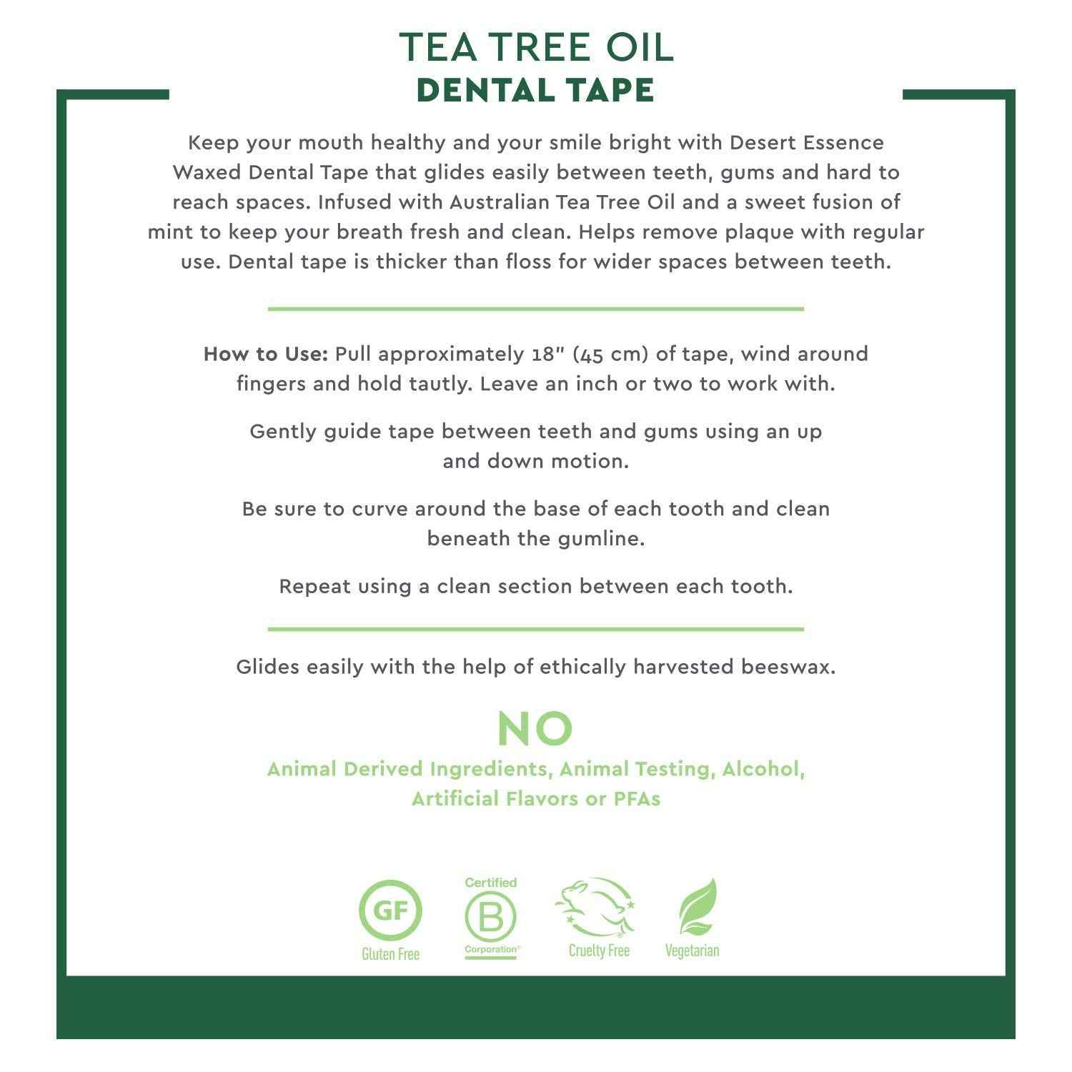 Desert Essence Tea Tree Oil Dental Tape - 30 Yards - Pack of 6 - Naturally Waxed w/Beeswax - Thick Flossing No Shred Tape - On The Go - Removes Food Debris Buildup - Cruelty-Free Antiseptic