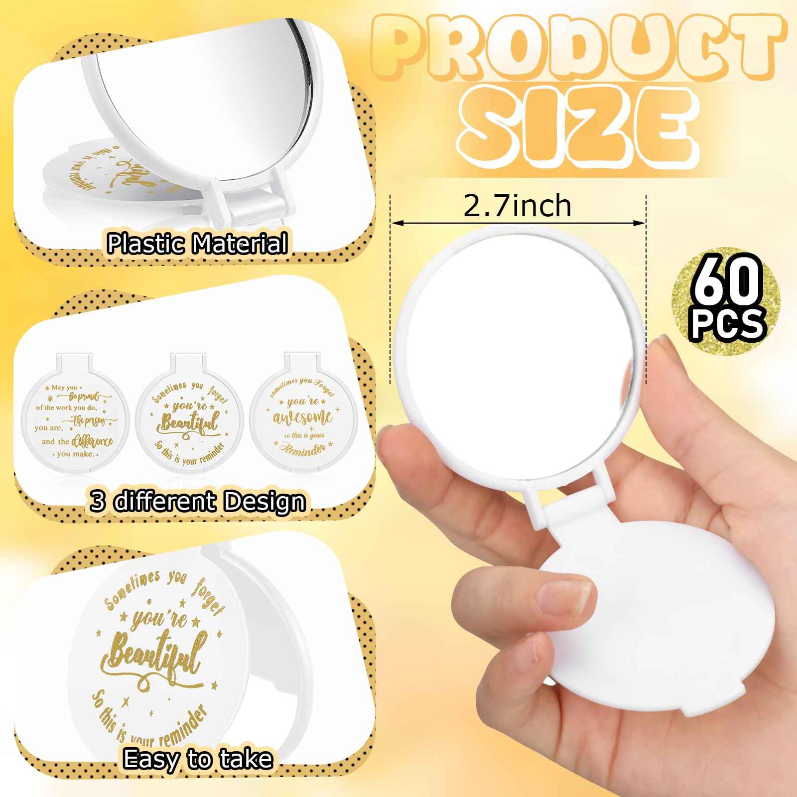 Wenqik 64 Pcs Inspirational Mini Compact Mirror for Purse Women Small Gifts Bulk, Round Makeup Folding Mirror, Thank You Gift Bag Stuffer Items, Christmas for Coworker Employee Staff (White)