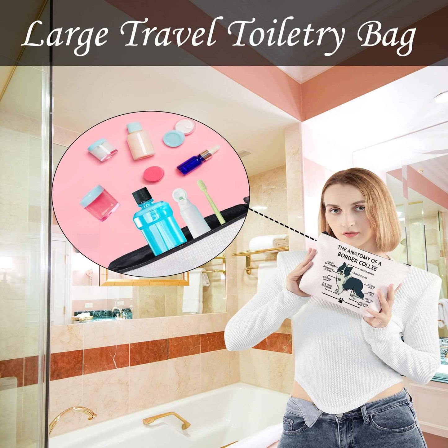 LEVLO Border Collie Lovers Cosmetic Bag - Travel Toiletry Bag - Makeup Pouch - Adult Unisex - Cartoon Pattern - Zipper Closure