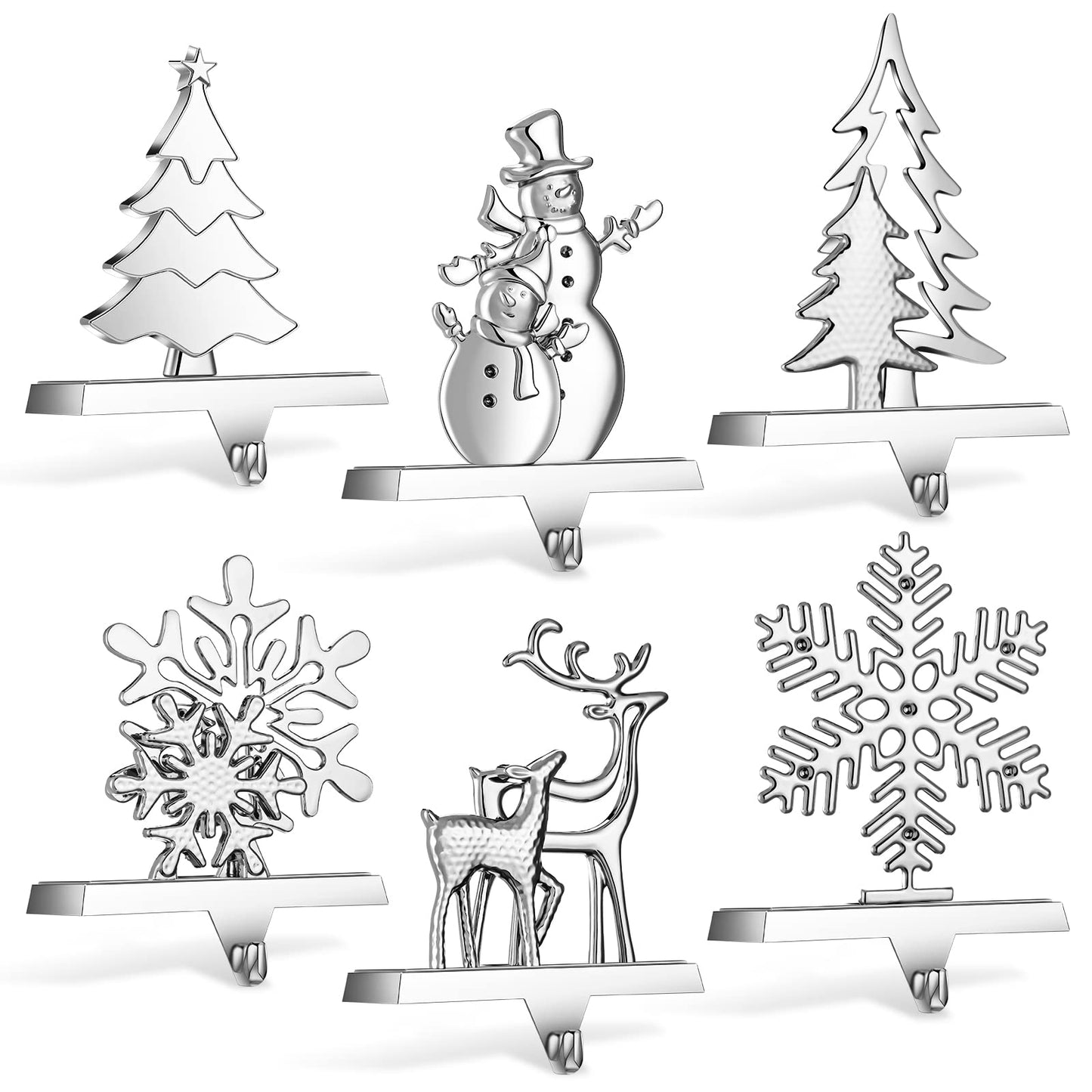 6 Pieces Snowflake Stocking Holder Christmas Stocking Holders Elk Santa Claus Silver Metal Stocking Hanger Mantle Hooks for Mantel Fireplace Christmas Party and Home Decoration (Snowman)