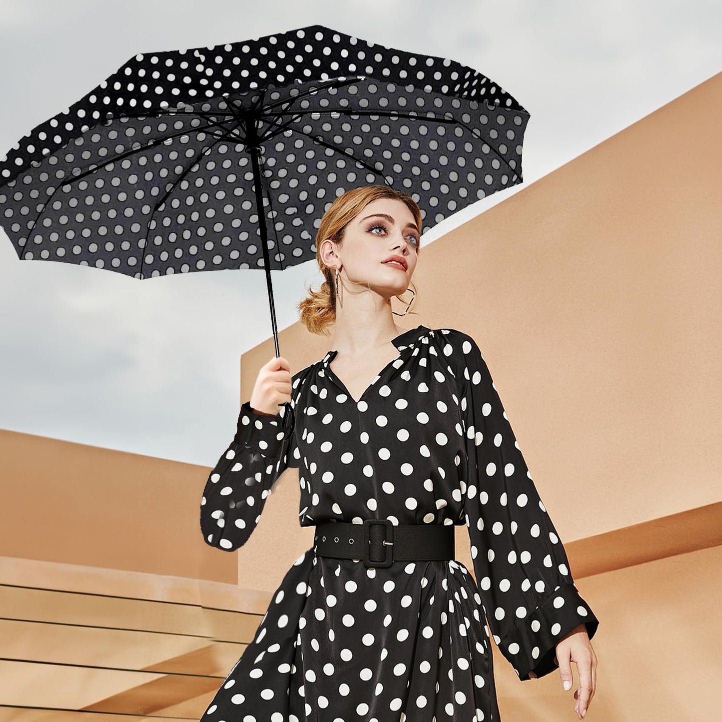 SIEPASA Windproof Travel Compact Umbrella-Automatic Umbrellas for Rain-Compact Folding Umbrella, Travel Umbrella Compact Umbrella.(Black Polka Dots)