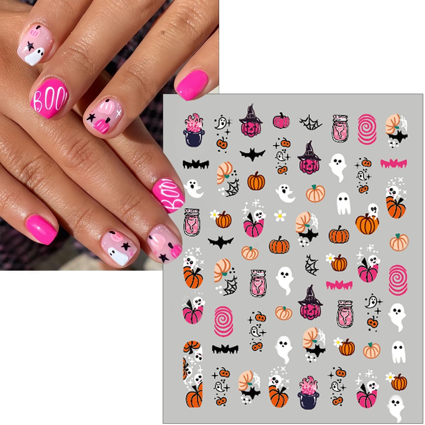 8Sheets Halloween Nail Art Stickers Cute Zombie Ghost Nail Decals 3D Self-Adhesive Bat Skull Spider Nail Sticker Pumpkin Cat Day of The Dead Nail Decoration Nail Supplies for Women Girls Holiday DIY