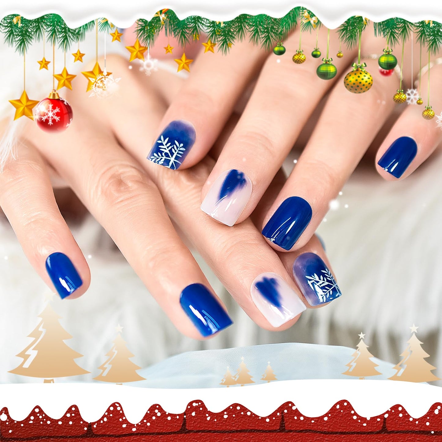 Pre-design Christmas Press On Nails with Snowflake Pattern Short Squoval Blue Nail Art Tips Salon Reusable Acrylic Manicure Glossy Stick On Nails Gifts for Women Girls