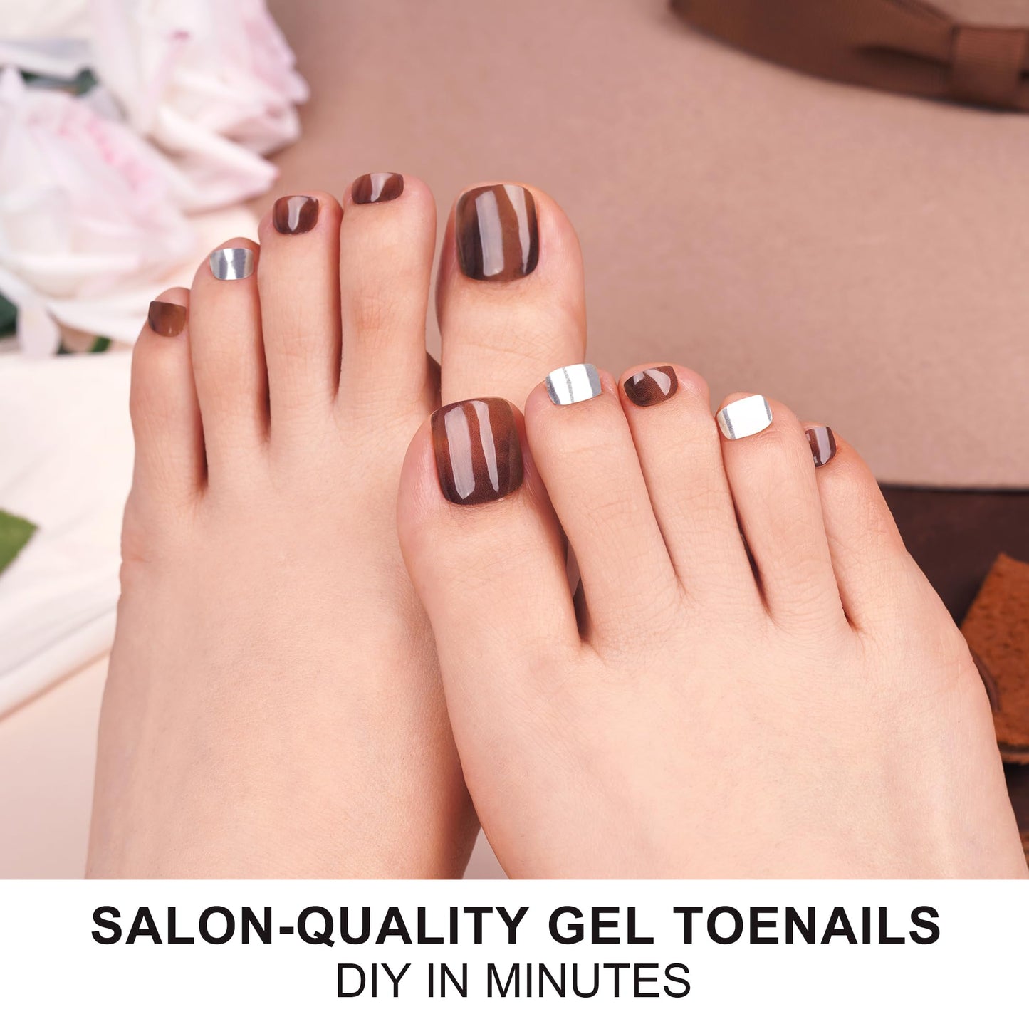 DANNI & TONI Semi Cured Gel Toenail Strips Amber (Sienna Glow) Silver Gel Toenail Stickers Ombre Gel Pedi Wraps 37 Stickers