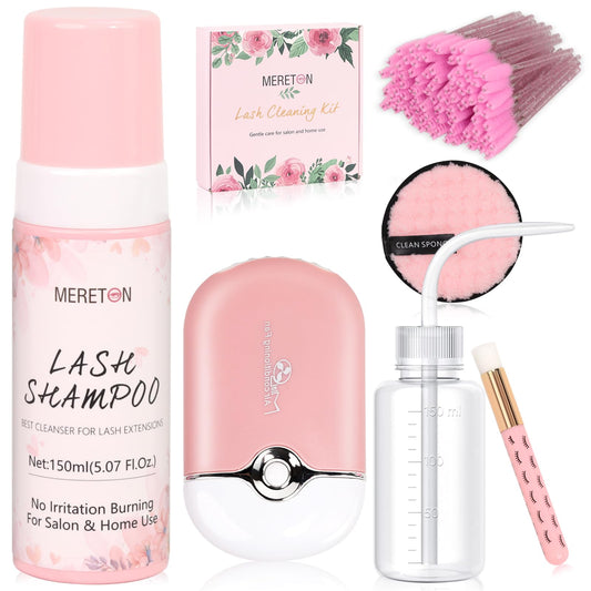 MERETON 150ml Lash Shampoo for Lash Extensions, Eyelash Extension Cleanser Lash Cleaning Kit for Cluster Lashes with Fan+Makeup Pad+Cleaning Brush+100 Pcs Lash Brush+Wash Bottle, Oil Free Foam