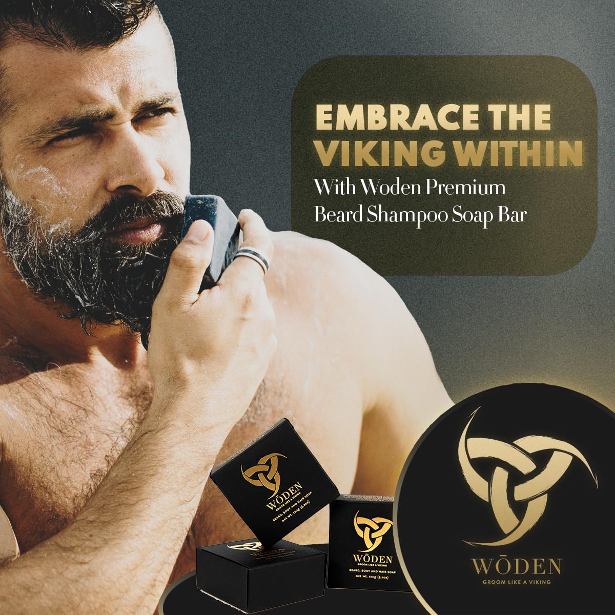 Woden Men's Natural Soap Bar - Beard, Body and Hair 120g| Groom like a Viking | Earthy Aroma | Black Raven | Woden