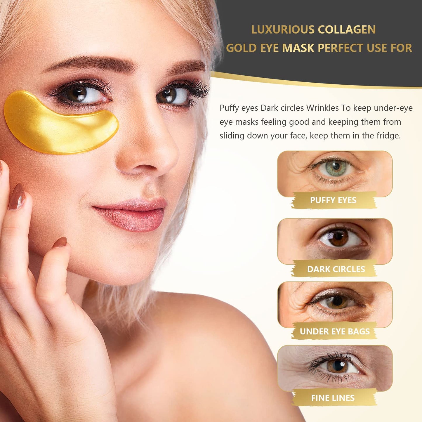 W WATLUSY FOR EYE 24K Gold Eye Mask, 30 Pairs, Natural Anti-aging Eye Pads for Puffy Eyes, Dark Circles, and Eye Bags with Amino Acid & Collagen, with Revitalize and Hydrate Your Skin