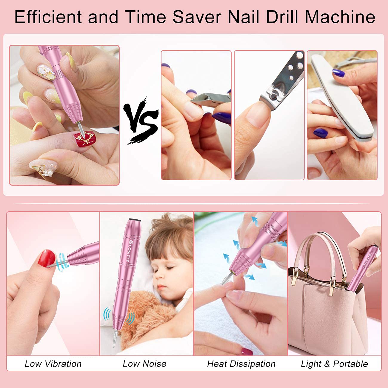 COSITTE Electric Nail Drill,USB Electric Nail Drill Machine for Acrylic Nail Kit,Portable Electric Nail File Polishing Tool Manicure Pedicure Kit Efile Nail Supplies for Home Salon,Pink