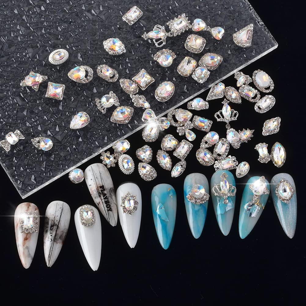 Nail Art Decoration Kit, 120Pcs Mixed Shapes Nail Rhinestones Nail Crystal Diamond Box Nail Charms Multi Sizes 3D Nail Decoration Gem Diamonds Jewelry for Nails Crafts Nail Accessories (24 Styles,AB)