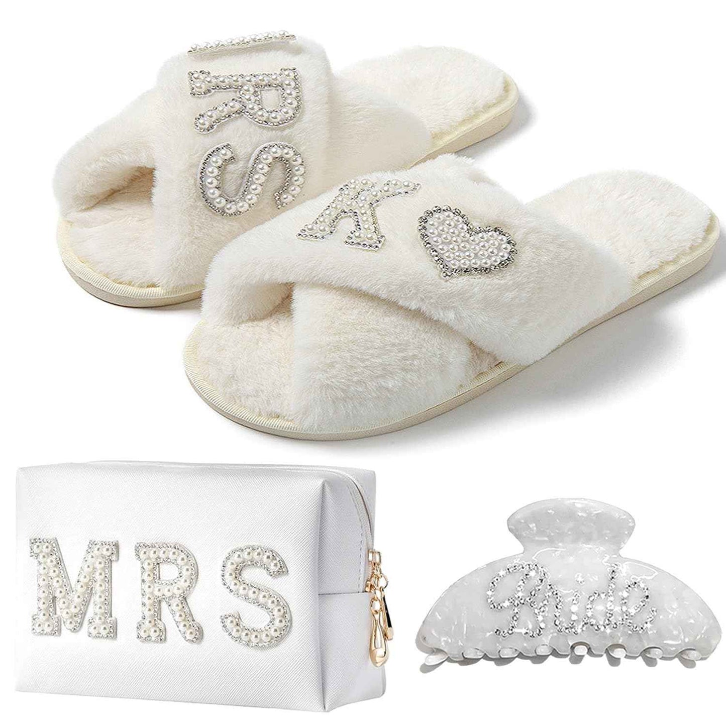 BILJOY Personalized Initial Bridal Shower Gifts Box Set, Letter K Bride Slippers MRS Cosmetic Bag Bride Hair Clip Wedding Gifts for Bride, Bride to be Gifts Bachelorette Gifts
