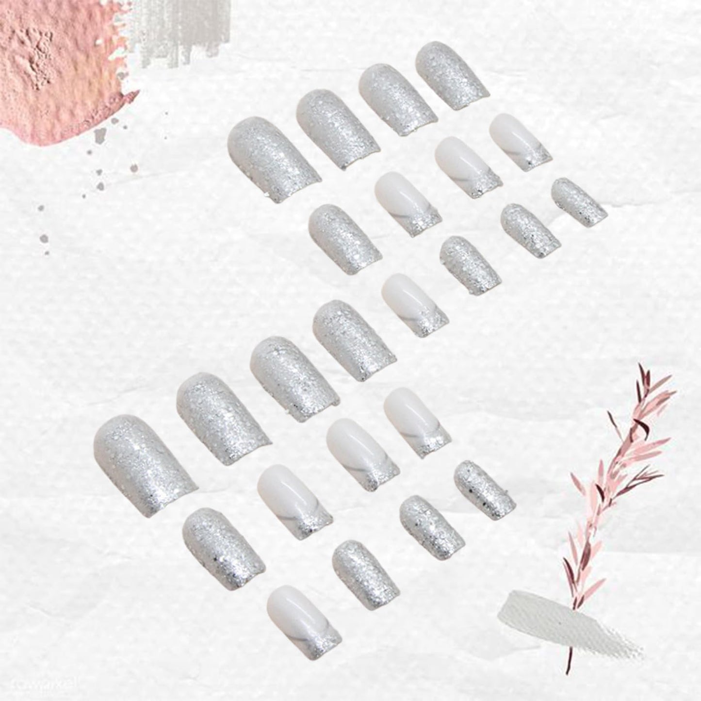 24 PCS French Tip Press on Nails Medium Square Fake Nails Silver Glitter Full Cover Glue on Nails Bling Sequins False Nails Reusable Artificial Nails for Women DIY Manicure Decoration Stick on Nails