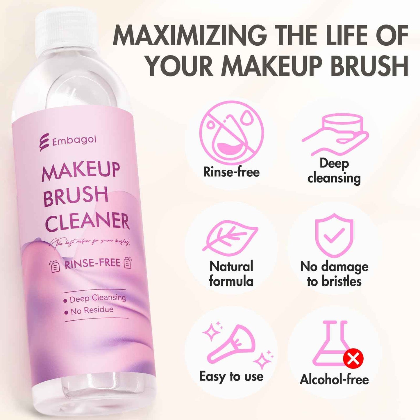 Embagol Makeup Brush Cleaner, Easily Remove Stubborn Makeup, Dirt & Impurities from Makeup Brushes, Rinse-Free & Quick Drying & Vegan & Cruelty-Free(1000 ml/33.8 fl oz, pack of 2)