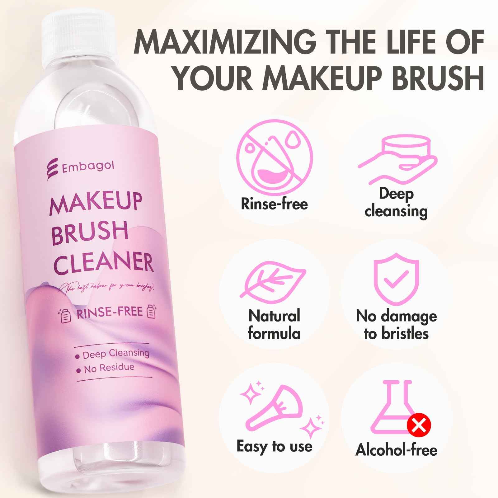 Embagol Makeup Brush Cleaner, Easily Remove Stubborn Makeup, Dirt & Impurities from Makeup Brushes, Rinse-Free & Quick Drying & Vegan & Cruelty-Free(1000 ml/33.8 fl oz, pack of 2)