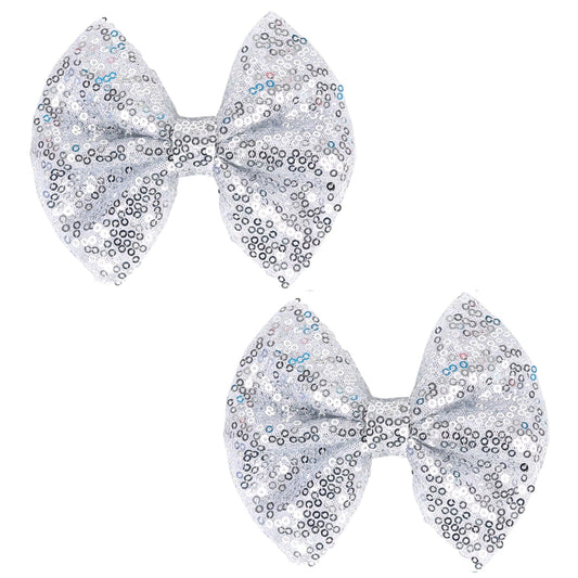 Love Fairy Glitter Bow Hairpin - A sparkling sequin bow tie hair clip, 5 inches, perfect for girls, teens, and women (Silver)