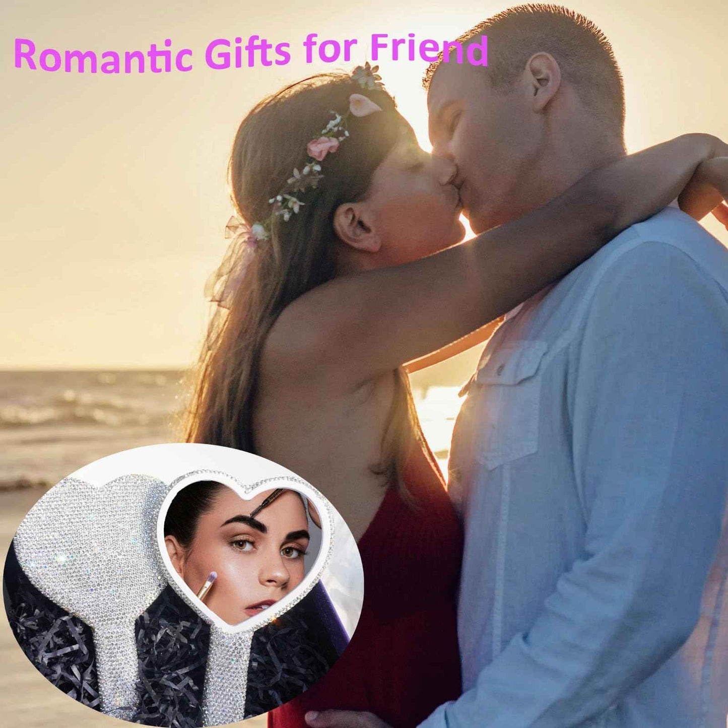 Frinnovan Large Rhinestone Handheld Mirror Heart Bling Glitter Cosmetic Dazzling Portable Hand Mirrors with Handle for Women Wedding Silver White