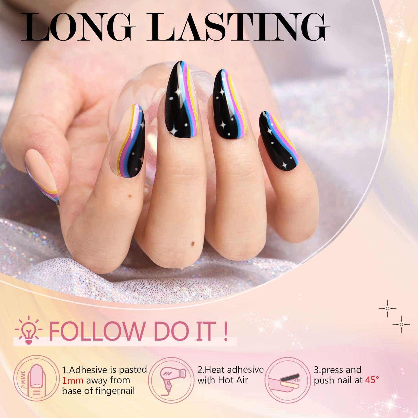 GLAMERMAID Black Press on Nails Medium Almond, Short Oval Fake Nails with Gothic Sun Star Moon Design, Glitter Jelly Gel Acrylic False Nail Kits for Women, Stiletto Reusable Stick Glue on Nails Sets