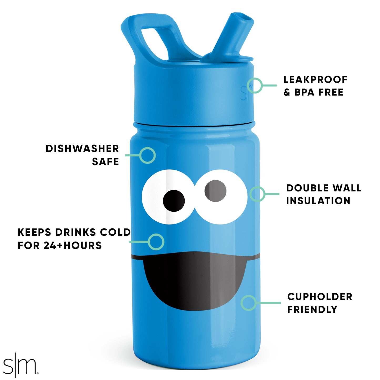 Simple Modern Sesame Street Cookie Monster Kids Water Bottle with Straw Lid | Insulated Stainless Steel Reusable Tumbler for Toddlers, Boys | Summit Collection | 14oz, Cookie Monster Big Face