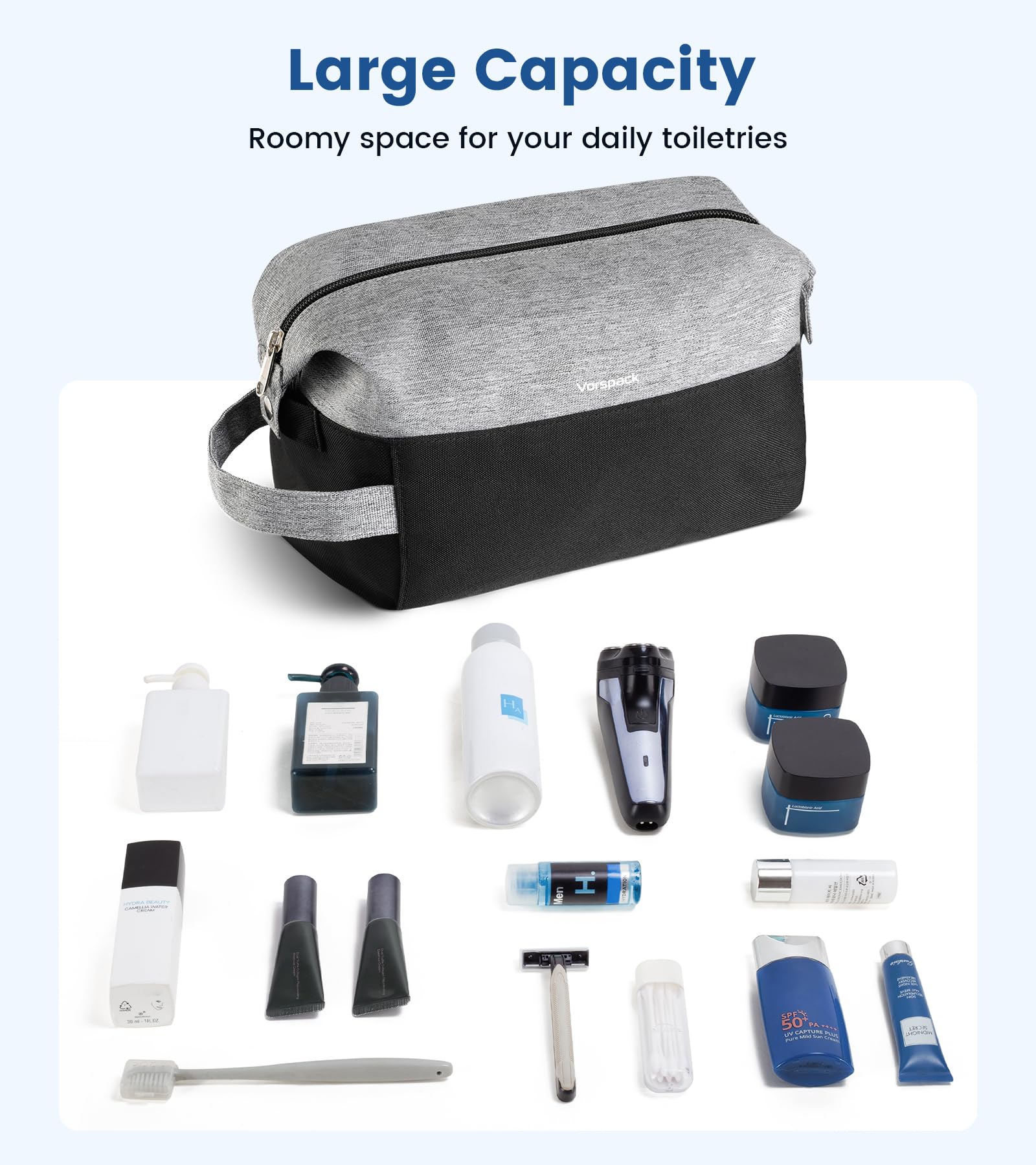 Vorspack Travel Toiletry Bag for Men - Lightweight Mens Toiletry Travel Bag Water Resistant Dopp Kit Shaving Bag for Skincare Toiletries Bathroom Gifts - Black