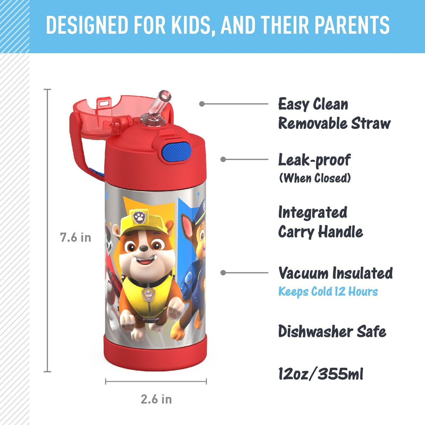 THERMOS FUNTAINER Water Bottle with Straw - 12 Ounce, Paw Patrol - Kids Stainless Steel Vacuum Insulated Water Bottle with Lid