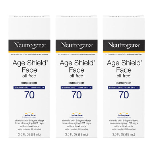 Neutrogena Age Shield Face Oil-Free Sunscreen Lotion with Broad Spectrum SPF 70, Non-Comedogenic Moisturizing Sunscreen to Help Prevent Signs of Aging, PABA-Free, 3 fl. oz (Pack of 3)