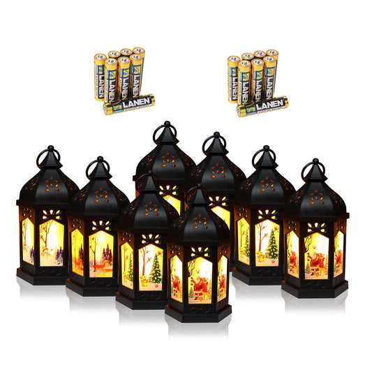 Reperla 8 PCS Christmas Small Lantern Decorative, Christmas Centerpieces for Tables, LED Flame Effect Lanterns with Timer, 7.8" Vintage Black Lanterns Decorative, Hanging Lantern for Tree Ornaments