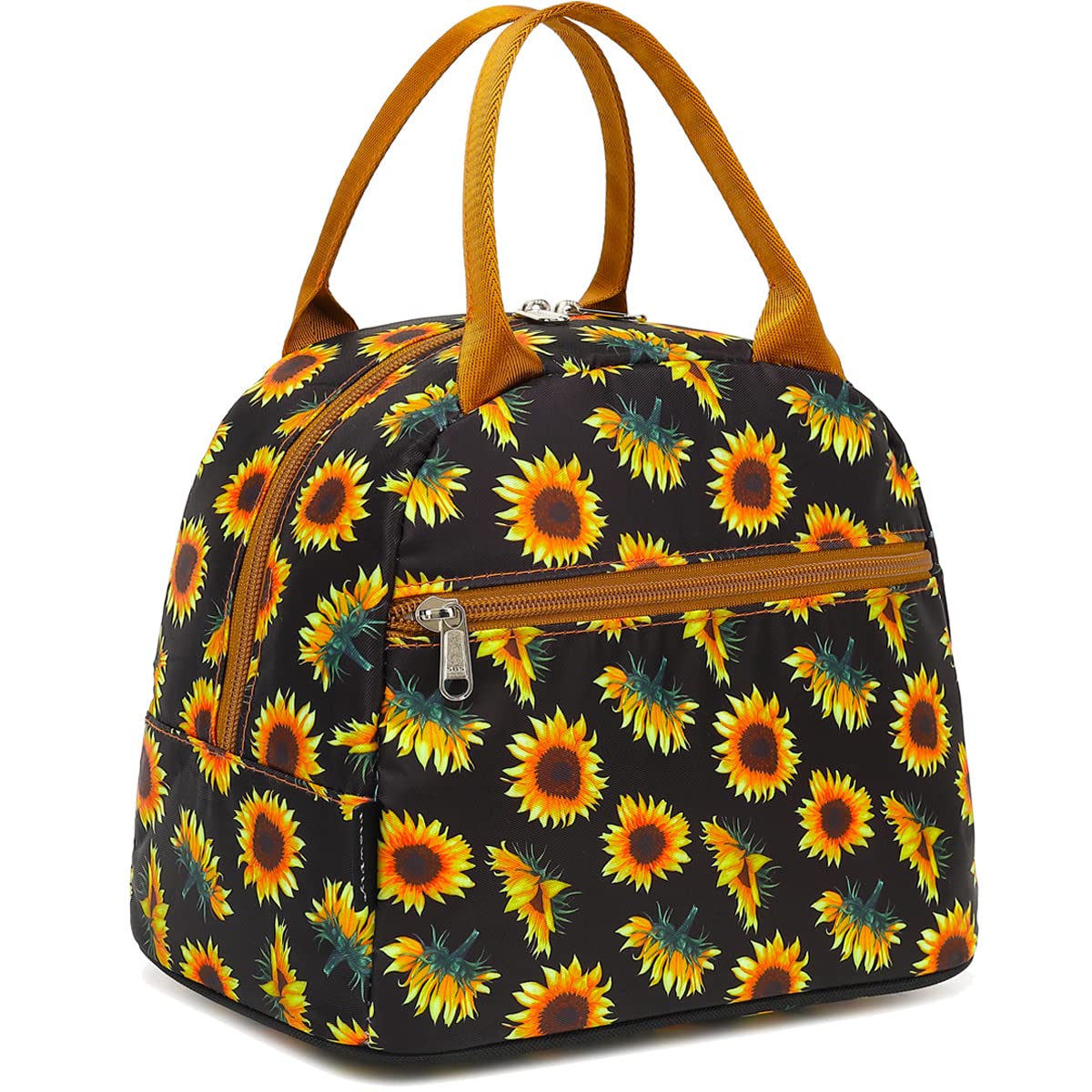 FlowFly Insulated Reusable Lunch Bag Adult Large Lunch Box Lunch Tote for Women and Men,With Front Pocket,SunFlower