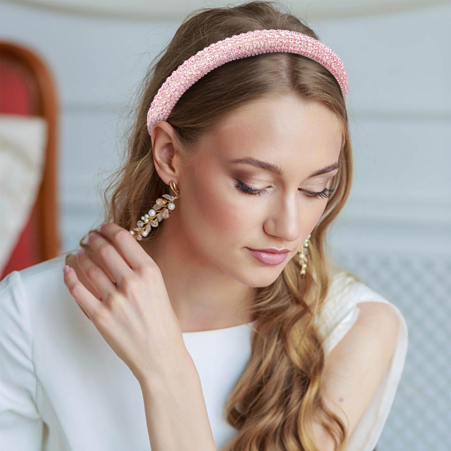 ACO-UINT Pink Rhinestone Headband for Women, Crystal Hairband Diamond Headband Glitter Fashion Headband, Sparkly Jeweled Headband Rhinestone Hair Accessories for Women Girls