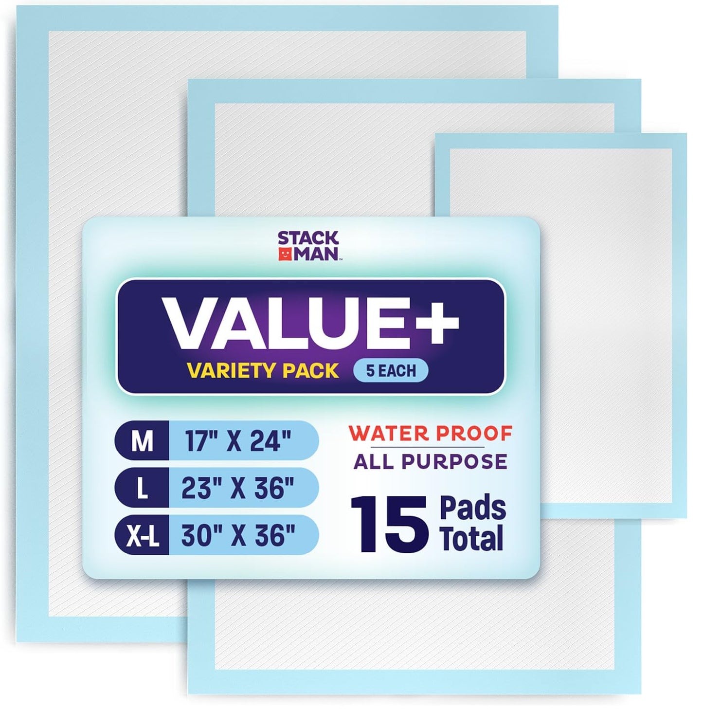 Chucks Pads Variety Pack - 3 Sizes - (17X24", 23X36", 30X36") - 15 Disposable Underpads - The Right Size for Every Need - Make Traveling Easy - Sample Our Range of Sizes or Pack Them for Your Trip!