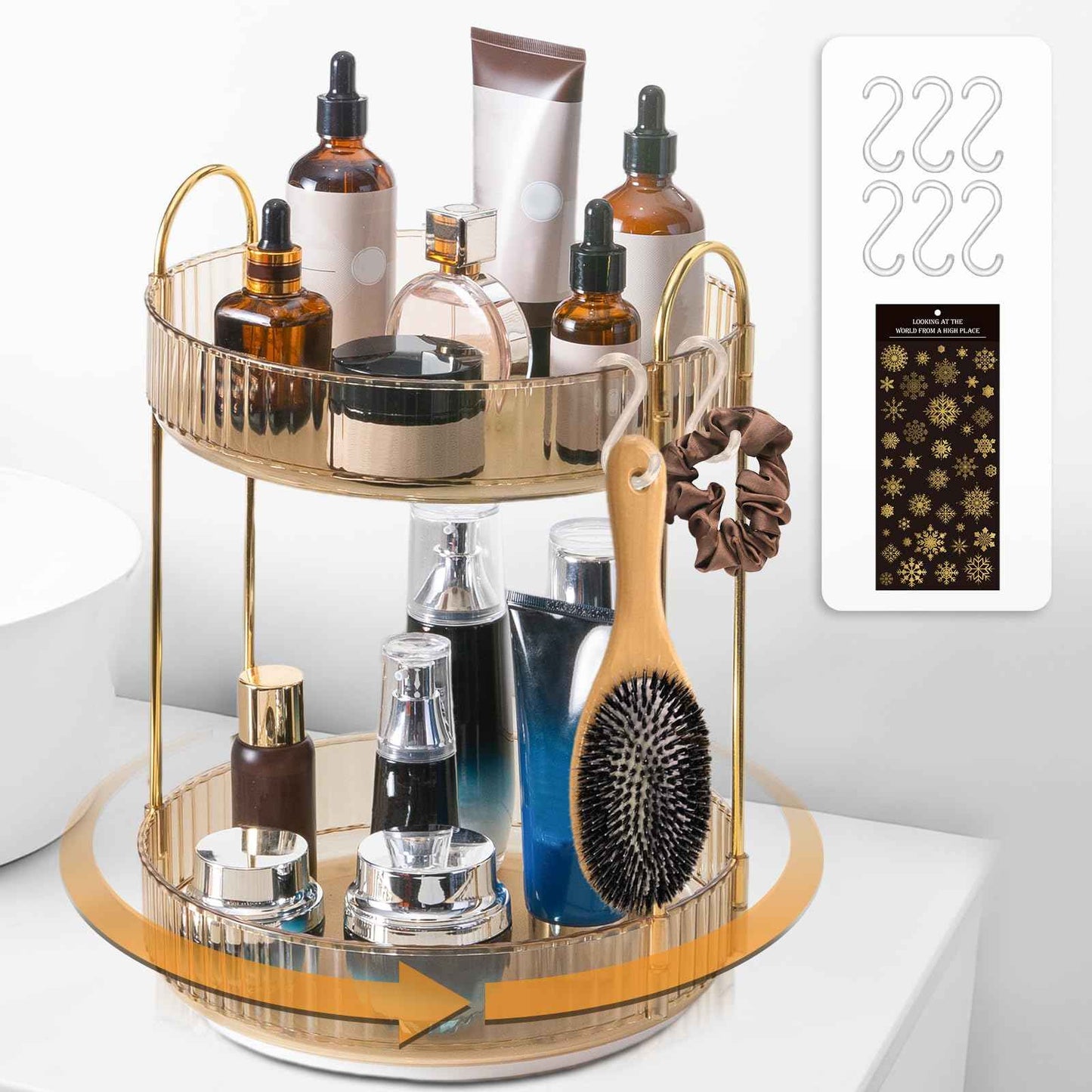 Megapuxin Rotating Makeup Organizer for Vanity,Large Perfume Organizers Skincare Make Up Storage Perfume Organizers Countertop Organizer with Extra Hooks and Stickers for Bathroom