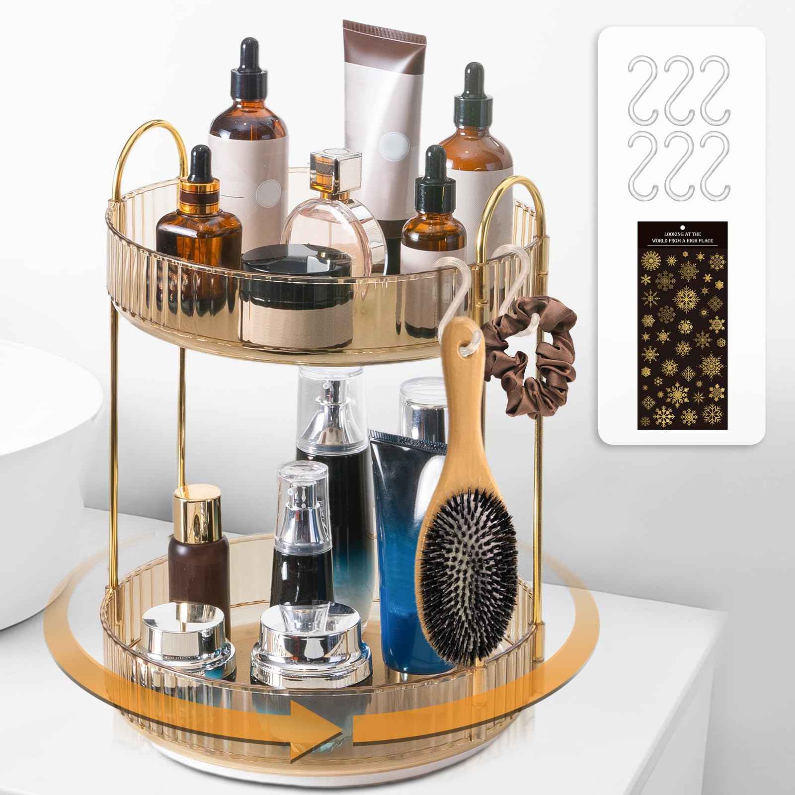 Megapuxin Rotating Makeup Organizer for Vanity,Large Perfume Organizers Skincare Make Up Storage Perfume Organizers Countertop Organizer with Extra Hooks and Stickers for Bathroom