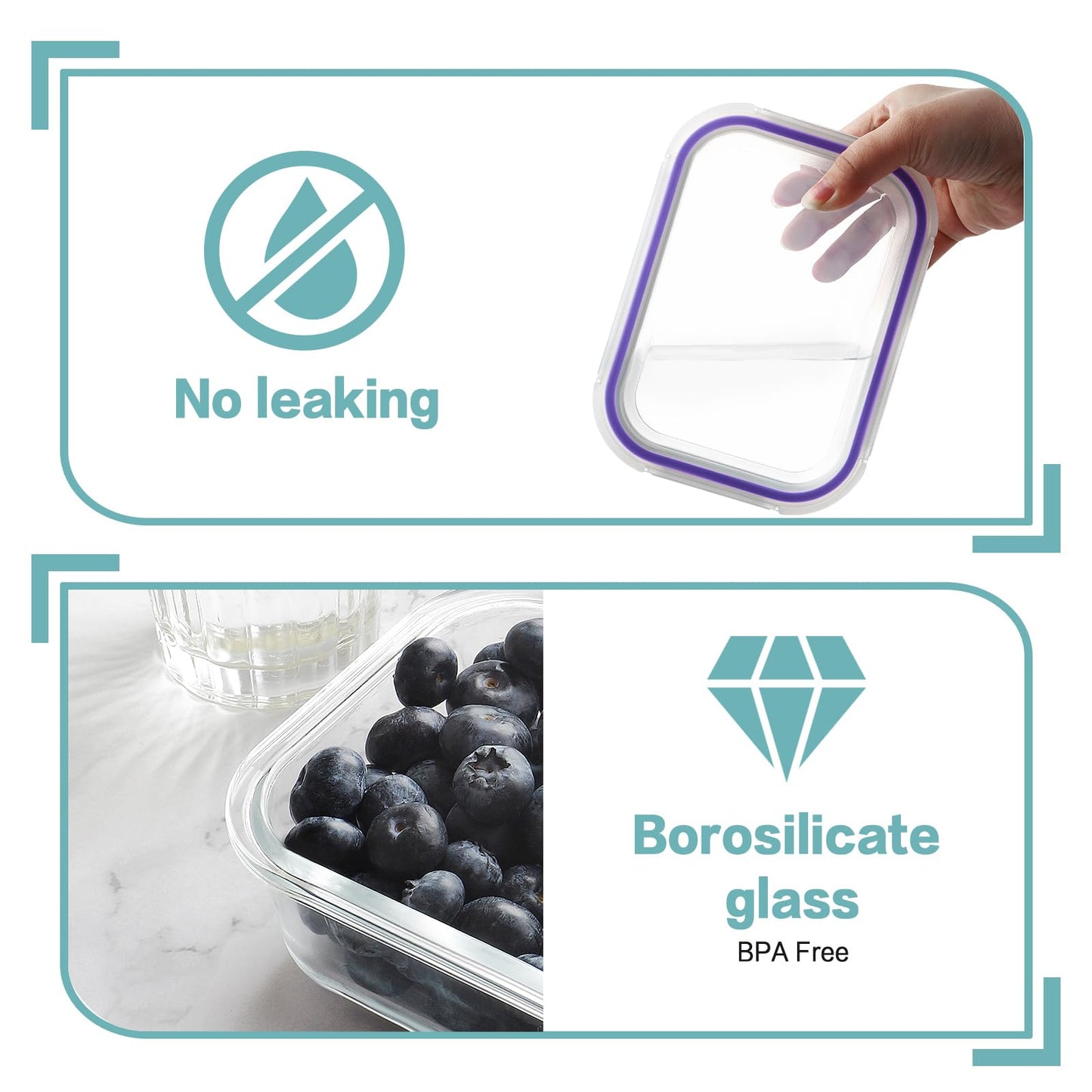 HOMBERKING 10 Pack Glass Meal Prep Containers, Glass Food Storage Containers with Lids, Airtight Glass Lunch Bento Boxes, BPA-Free & Leak Proof (10 lids & 10 Containers) - Purple