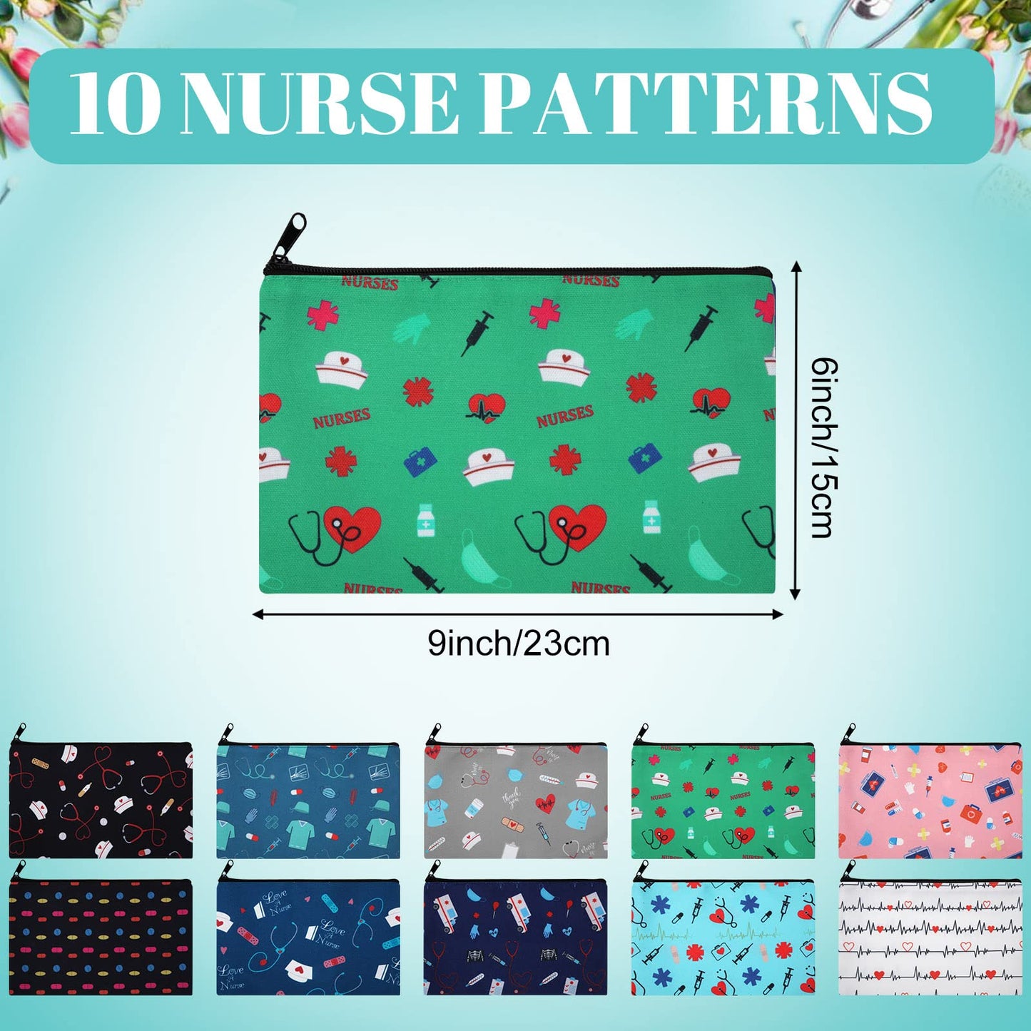 Yahenda 10 Pieces Nurse Makeup Bags Nurse Gift Nurse Pattern Canvas Cosmetic Bag, Christmas Birthday Gift for Nurse Practitioner Nursing, Multi Purpose Zipper Pouch for Nurses Supplies