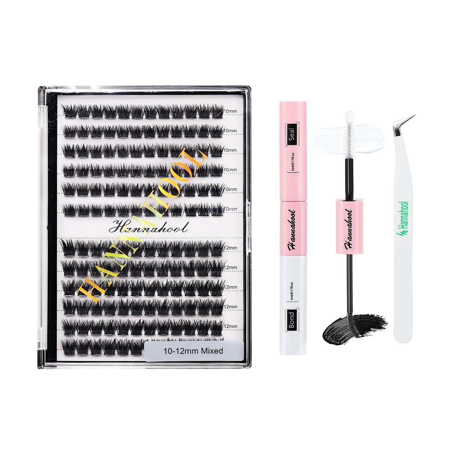 Hannahool 12rows-Large Tray Mixed 8-10-12-14-16mm/Mixed 14-15-16mm/Mixed14mm-16mm/Mixed 18-20mm Wide Stem Individual False Eyelashes Dramatic Black Cluster Eyelashes (Lashes Kit-10-12MM)