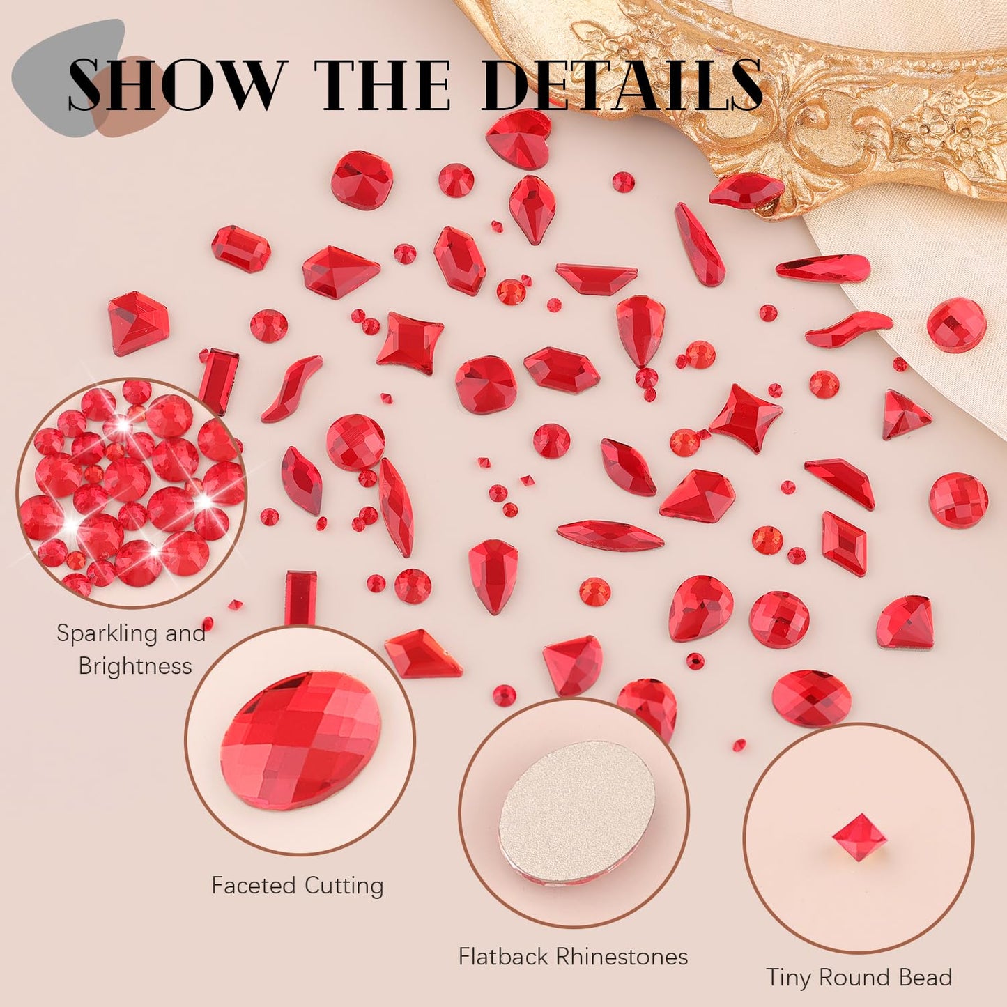 2750Pcs Red Glass Nail Rhinestones 240Pcs Multi Shapes Flatback Gems Crystal + 2510Pcs 1.5-4mm Round Beads, Manicure Diomand Jewelry Gemstones for Nail Design Makeup Acrylic Nails Decoration