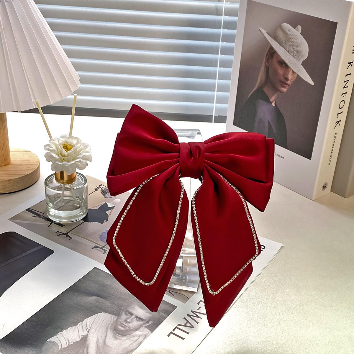 Christmas Hair Bows,Hair Bow Clip, Silky Satin Hair Bows for Women Hair Ribbons Oversized Long Tail Black Hair Bow and Red Hair Bow Hair Barrettes, Metal Clips Bowknot Hair Accessories(Red)