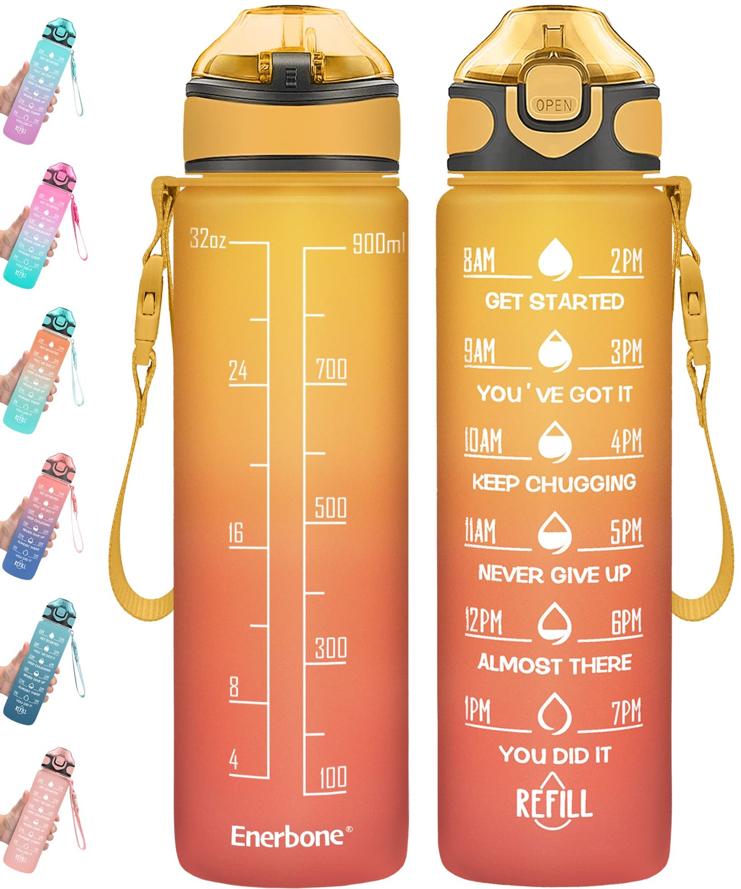 Enerbone 32 oz Drinking Water Bottle with Times to Drink and Straw, Motivational with Carrying Strap, Leakproof BPA & Toxic Free, Ensure You Drink Enough Water for Fitness Gym Outdoor