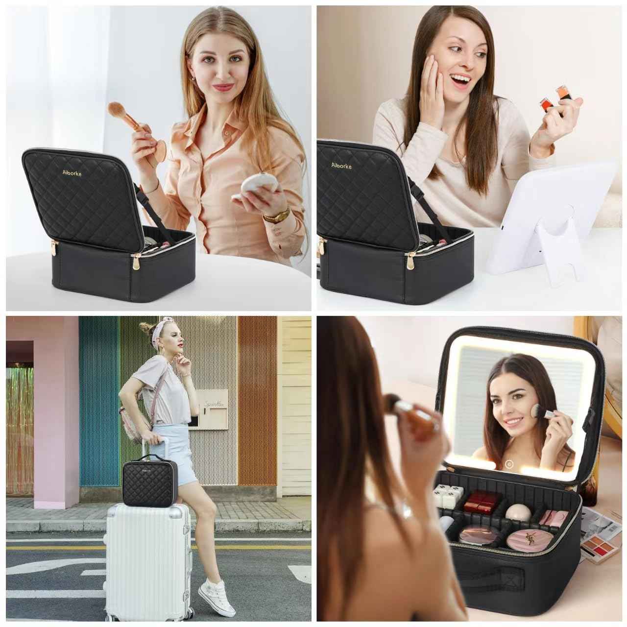 Aiborke Travel Makeup Bag with Led Mirror Make up Case with Lighted Mirror Cosmetic Organizer bag with Adjustable Dividers and 5X Magnifying Mirror Makeup Box Organizer Vanity Case for Women (Black)