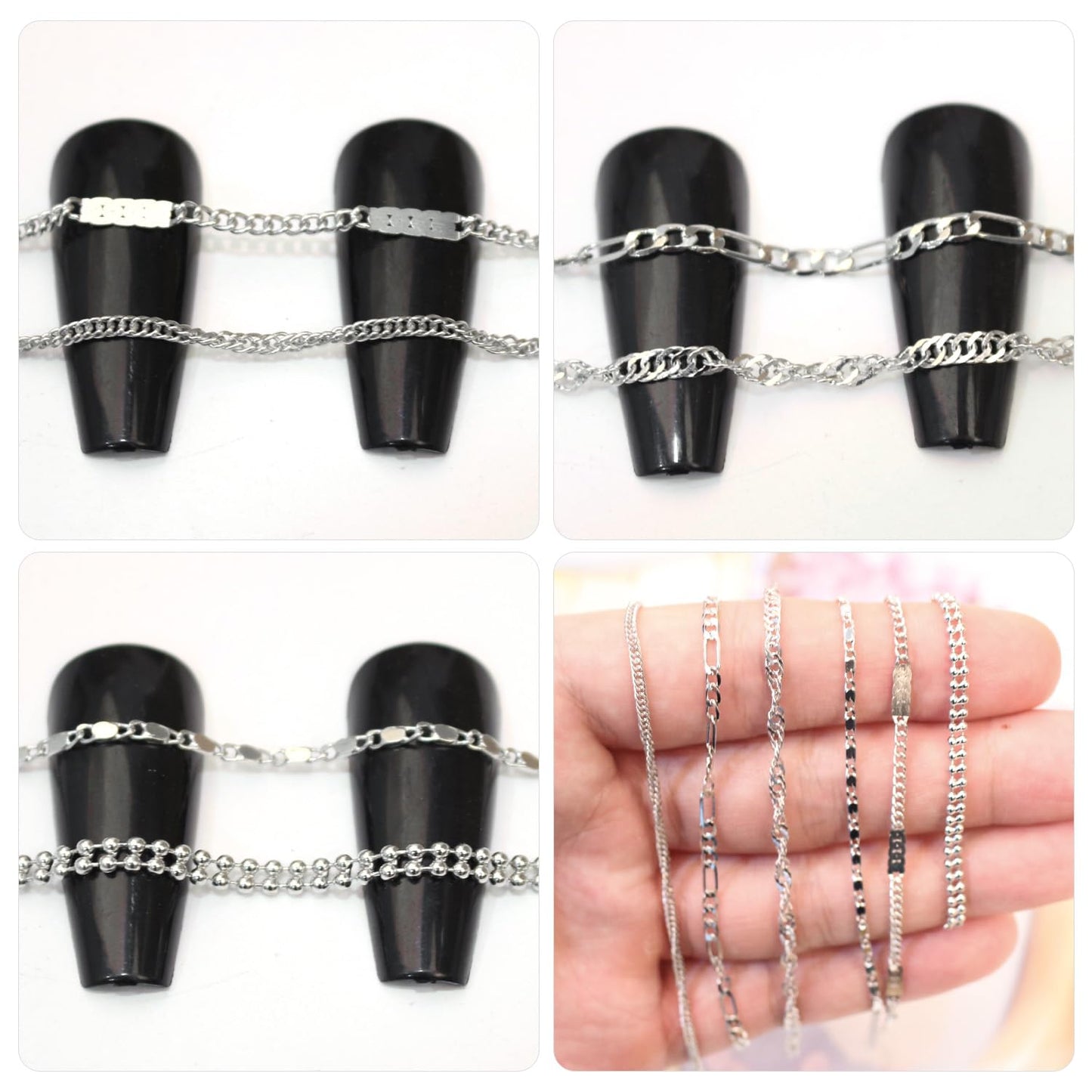 JERCLITY 1 Box 6 Strips Nail Chains for Nail Art Antique Silver Alloy Metal Nail Art Chains Antique Silver Nail Charms Punk Chains Nail Studs Antique Silver Chain Accessories for Women Nail Art