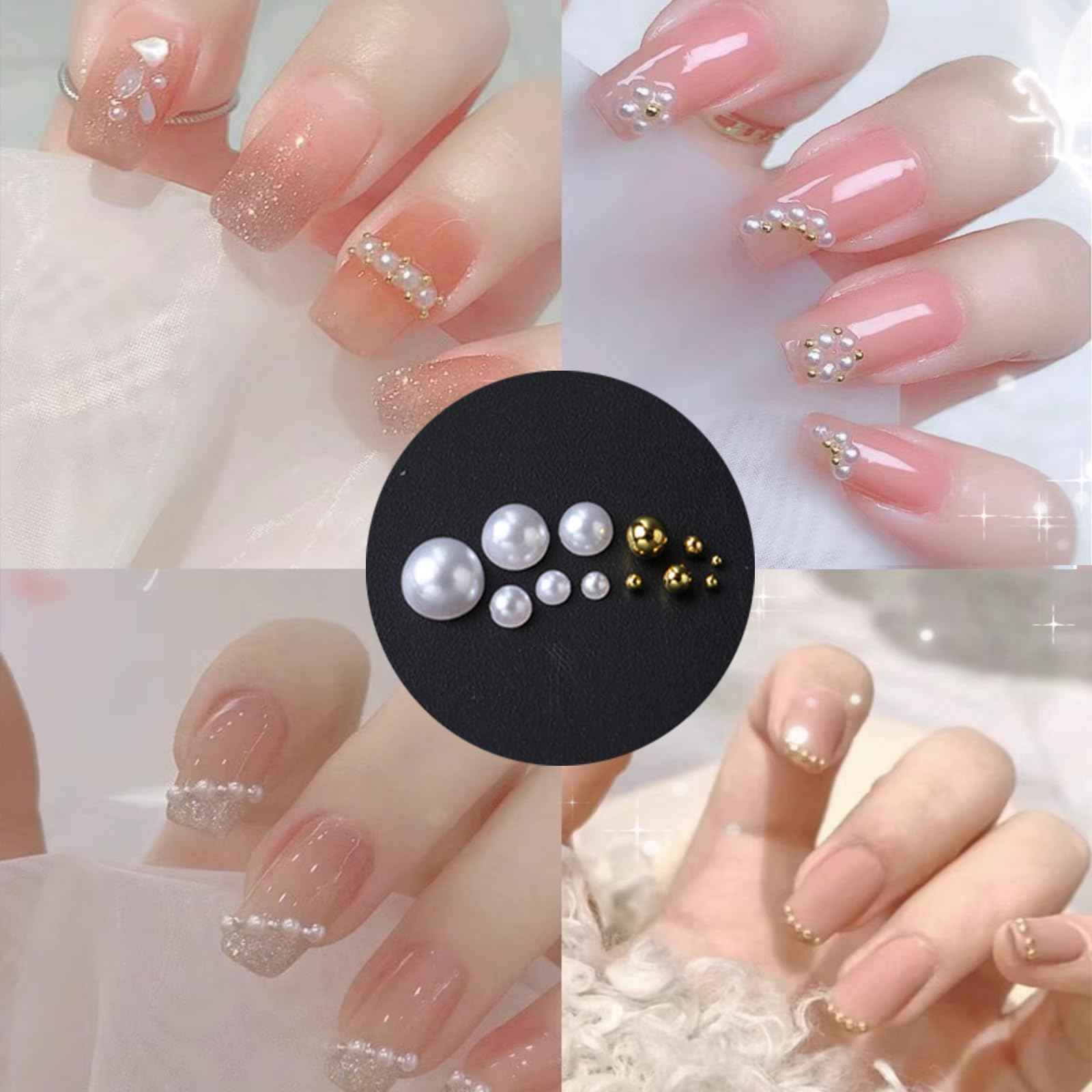 1 Box Gold Caviar Beads for Nails Charms Half Round Pearl Nail Charms Nail Jewels for Nail Art Kit,Small Stainless Steel Bead White Pearl Bead Flat Back Pearls for Crafting Charms for Nails Design