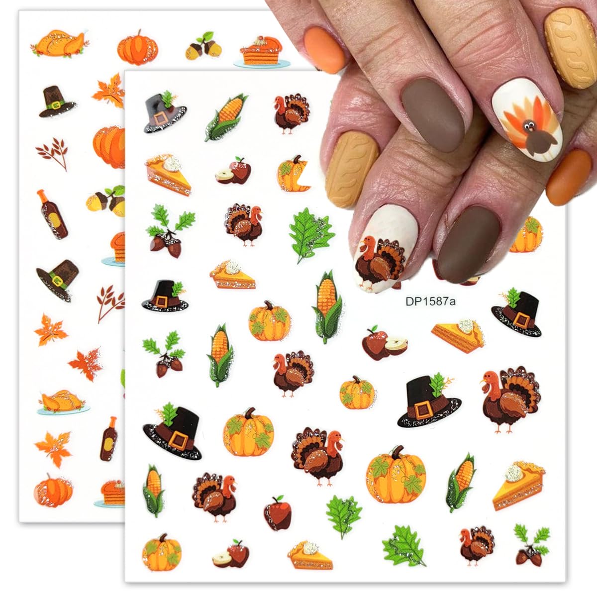 6 Sheets Fall Nail Art Stickers 3D Thanksgiving Pumpkins Nail Decals Glitter Design Turkey Maple Leaves Nail Stickers Self-Adhesive Autumn Nail Supplies for Women DIY Holiday Manicure Accessories