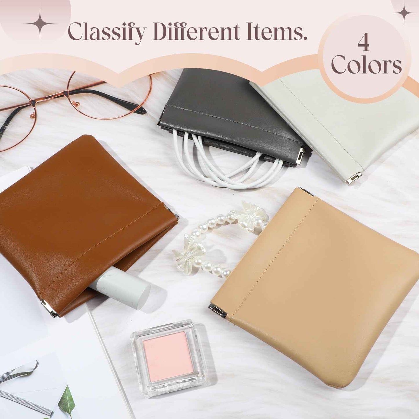 ISKYBOB 4PCS Small Makeup Bag for Purse, Portable Lambskin Pocket Cosmetic Bag Squeeze Top Coin Purse for Women Snap Closure Organizer Pouch Mini Self-Closing Lipstick Pouchic for Travel (Business)