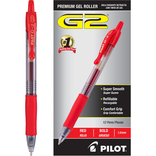 Pilot, G2 Premium Gel Roller Pens, Bold Point 1 mm, Pack of 12, Red