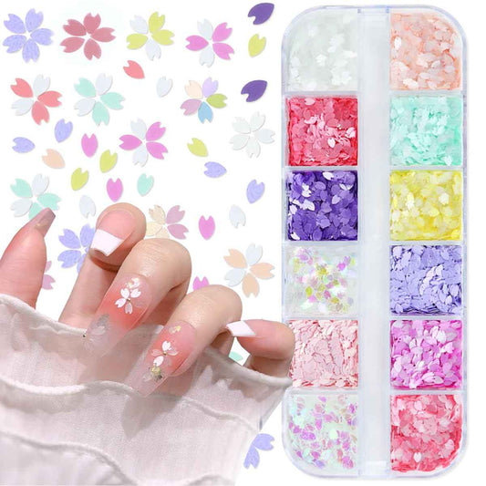 12 Colors Flowers Nail Art Glitter Sequins Cherry Blossoms Nails Accessories 3D Holographic Petal Nail Glitter Flakes Design Acrylic Nail Art Supplies for Women Girls Summer Nail Decoration