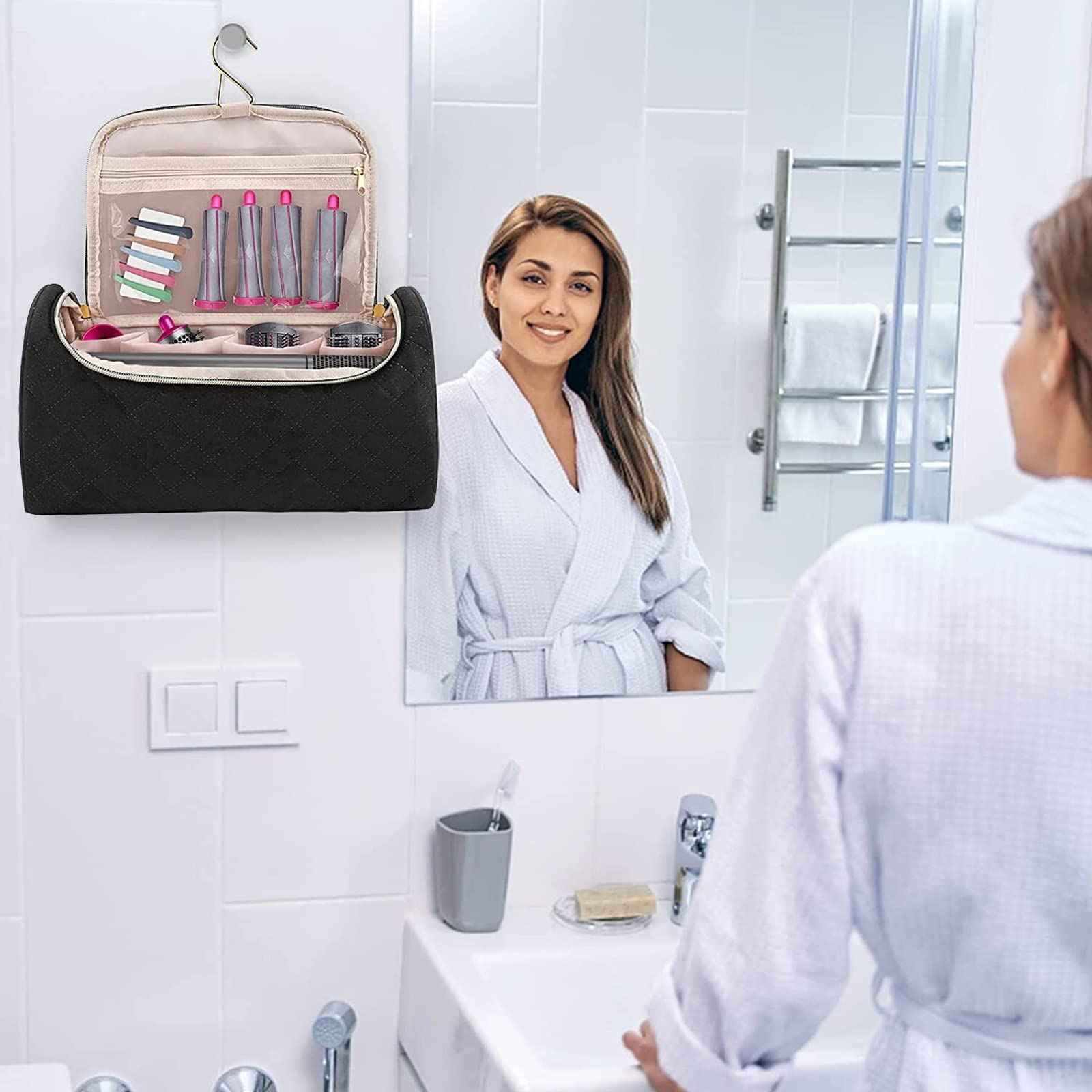 FRMARCH Travel Storage Bag Compatible with Dyson Airwrap Styler, Portable Travel Organizer with Clips for Airwrap Hair Styler Case and Attachments, Cosmetic Travel Cases with Hanging Hook, Black