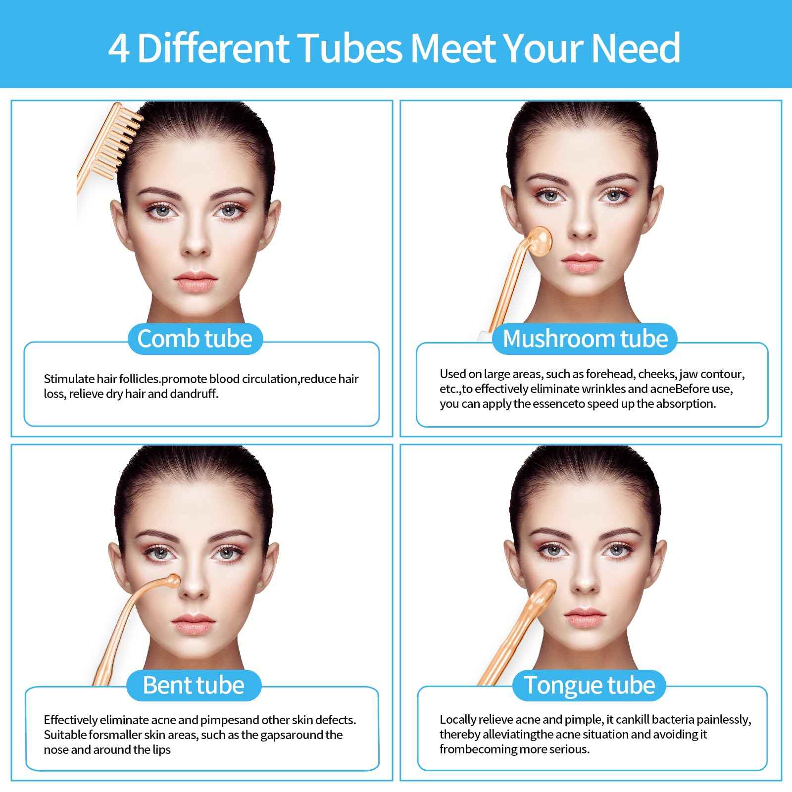 High Frequency Facial Machine-Portable Handheld Skin Therapy Wand High Frequency for Hair with 4 Different Tubes