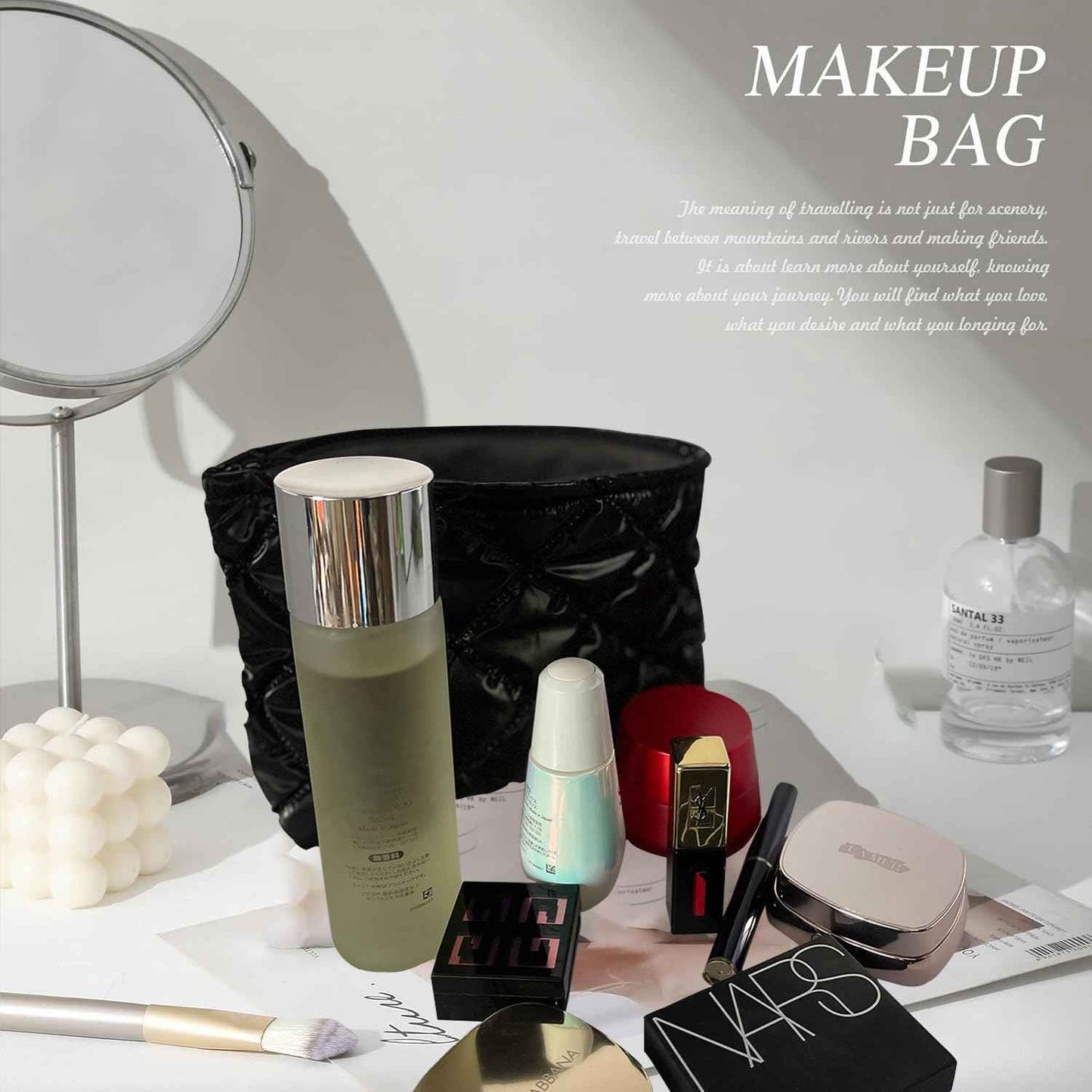 WANNES Cute Cosmetic Bag for Women, Soft and Fluffy Travel Makeup Bag with Durable Zipper, Essential Skincare and Toiletry Organizer Pouches (Black)