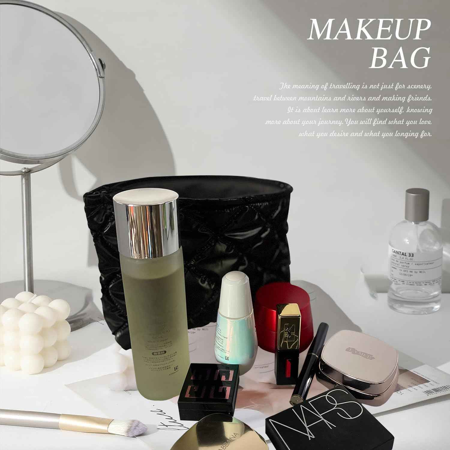 WANNES Cute Cosmetic Bag for Women, Soft and Fluffy Travel Makeup Bag with Durable Zipper, Essential Skincare and Toiletry Organizer Pouches (Black)