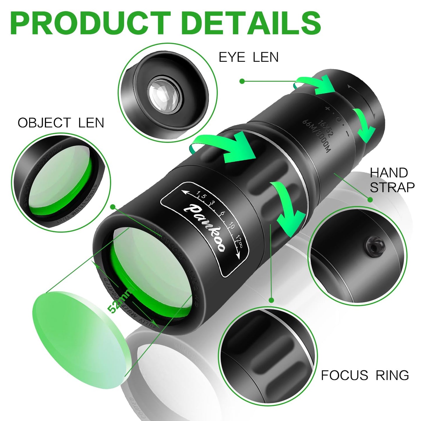 Pankoo 16X52 Monocular Telescope, 2023 High Power Prism Compact Monoculars for Adults Kids, HD Monocular Scope for Bird Watching Hiking Concert Travelling, D-Black, PA1652-2