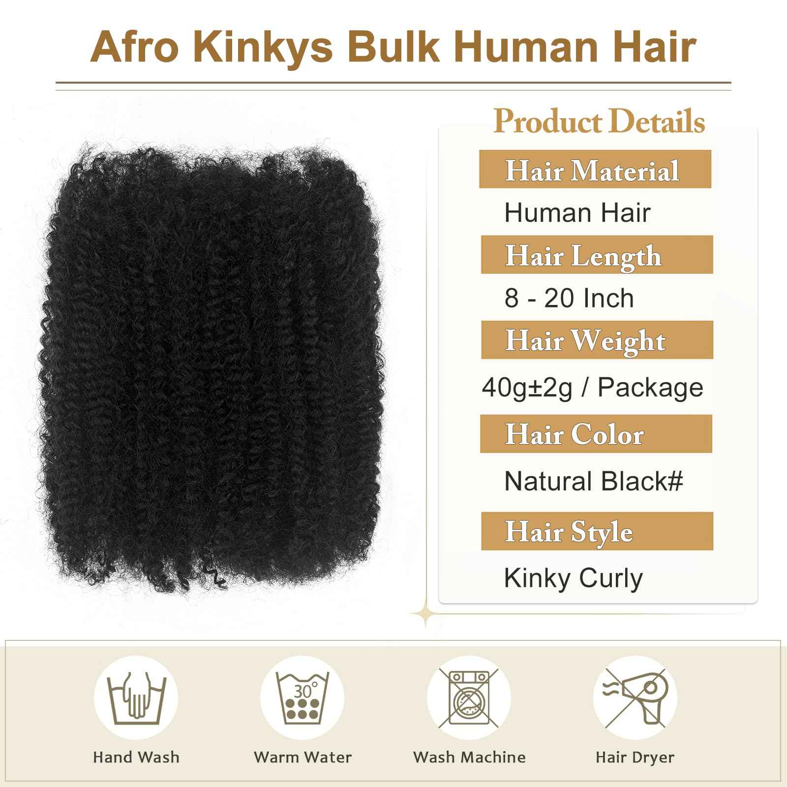 Afro Kinkys Bulk Human Hair 12 Inch Natural Black Afro Kinky-Curly Bundles for Dreadlock Extensions and Mini Twist Repair Locs Real Human Braiding Hair 1Bundle(Black, 12Inch, 40g/pack)